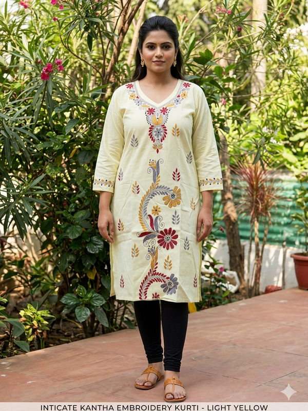 Stitched Kurti on Kantha Work — Beige 06