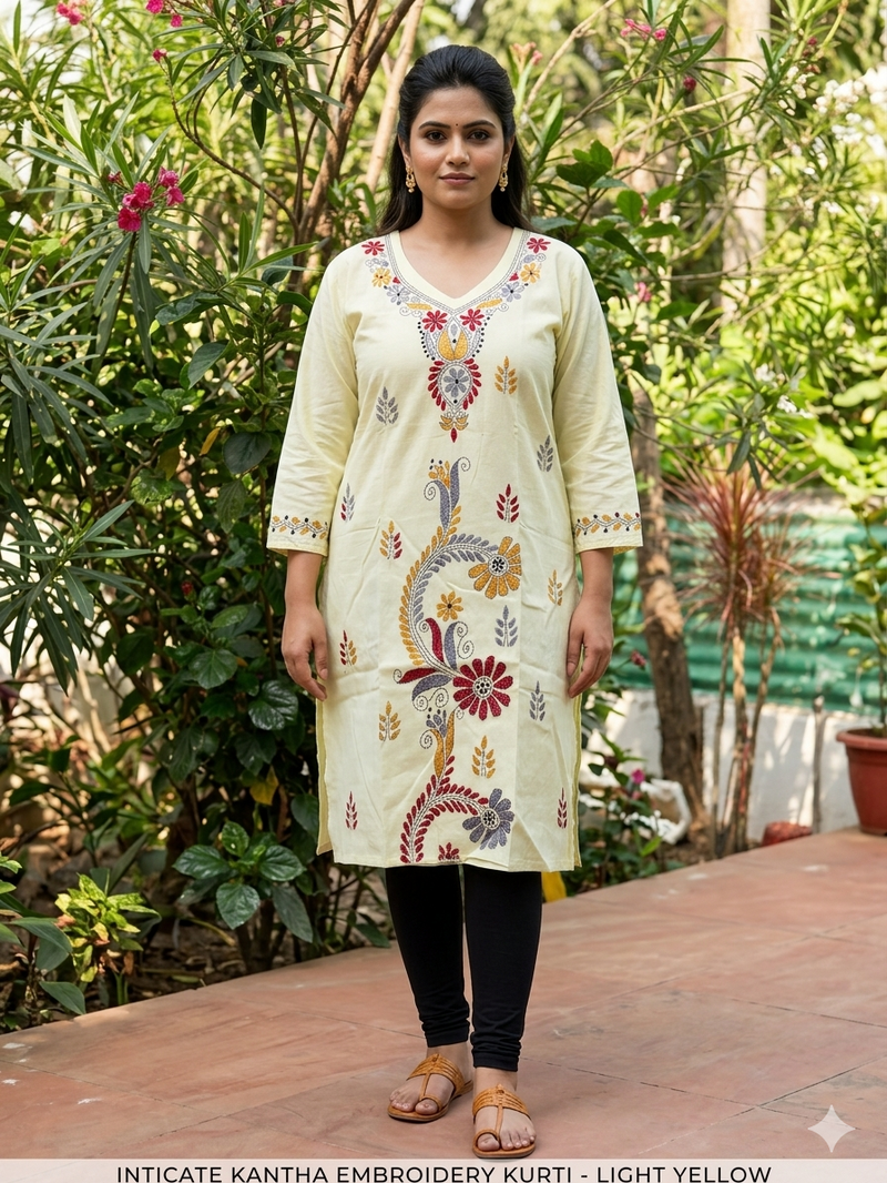 Stitched Kurti on Kantha Work — Beige 06