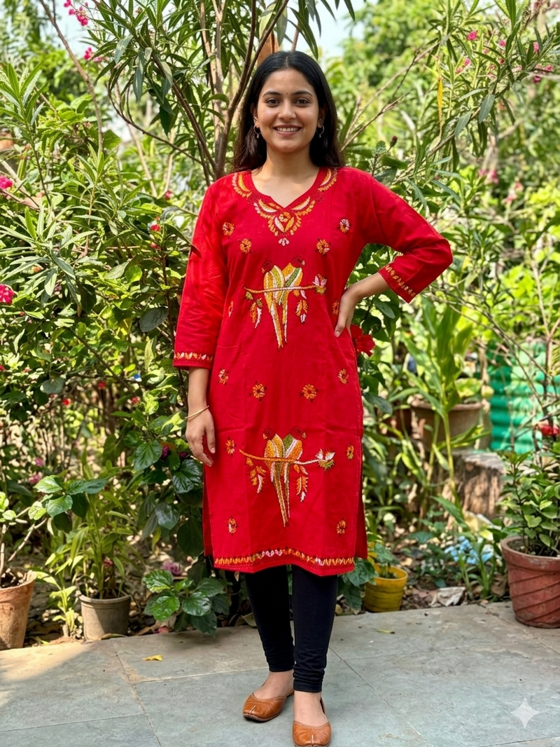 Stitched Kurti on Kantha Work — Red 27