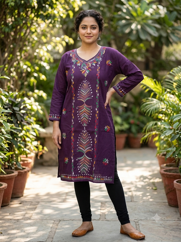 Stitched Kurti on Kantha Work — Purple 26