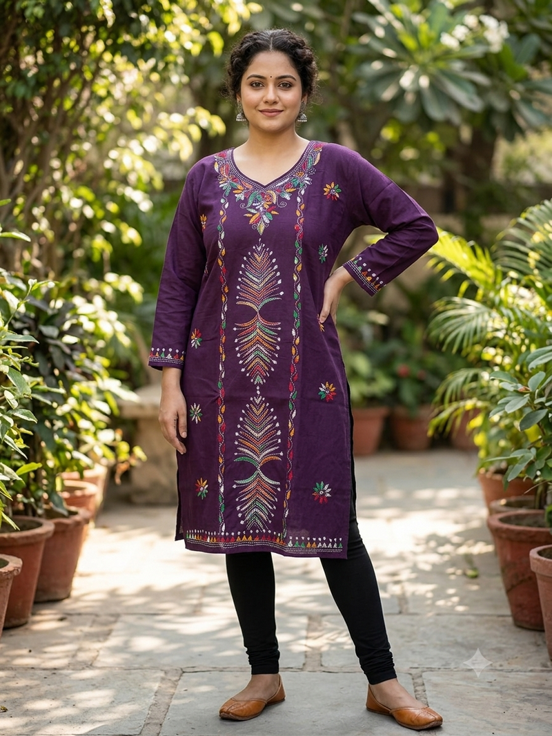 Stitched Kurti on Kantha Work — Purple 26