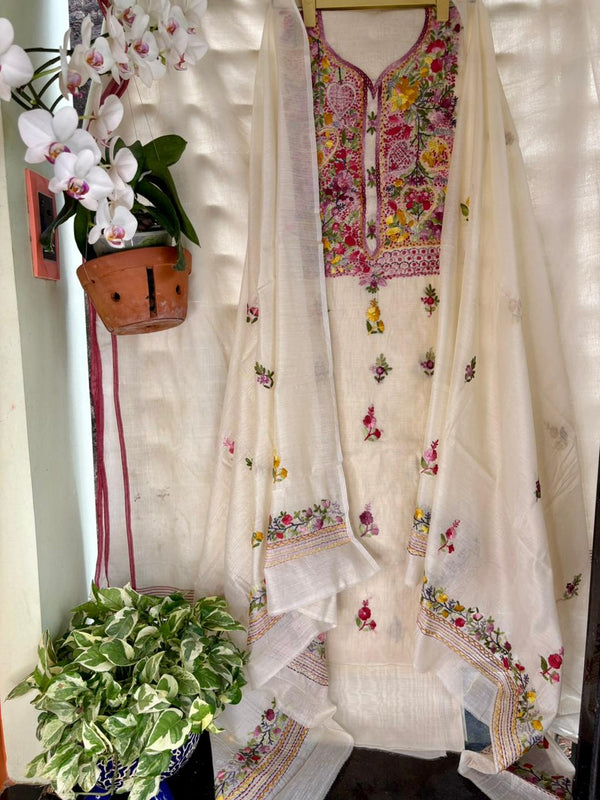 Hand Embroidered 3 Pc Unstitched Set in Cotton Chanderi