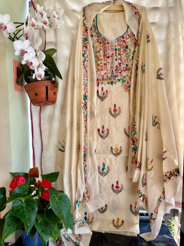 Hand Embroidered 3 Pc Unstitched Set in Cotton Chanderi