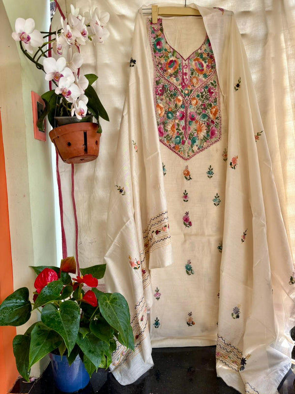 Hand Embroidered 3 Pc Unstitched Set in Cotton Chanderi