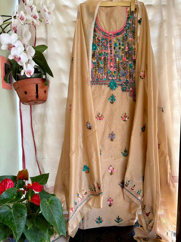 Hand Embroidered 3 Pc Unstitched Set in Cotton Chanderi