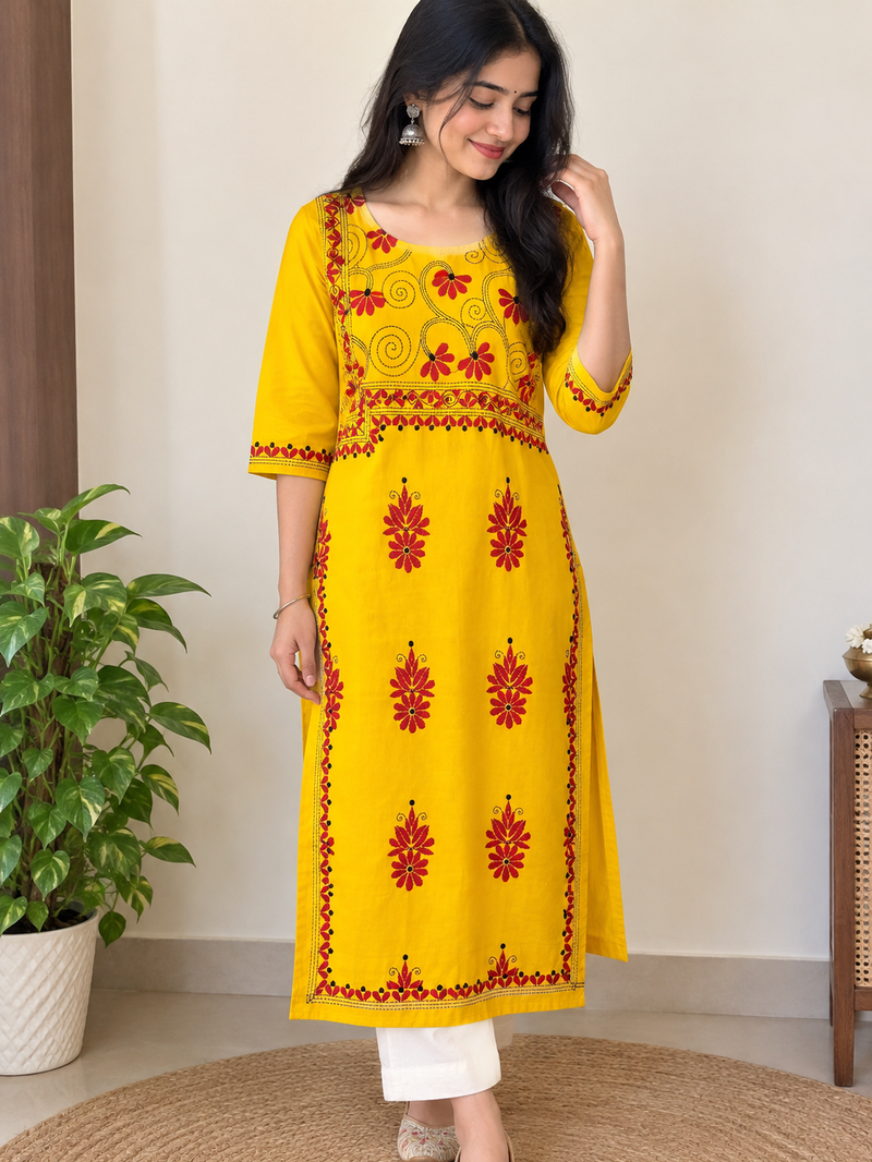 Stitched Kurti on Kantha Work — Yellow 36