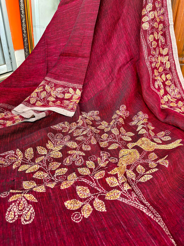 Pure Linen Kantha Work Saree — Red 01