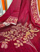 Pure Linen Kantha Work Saree — Red 01