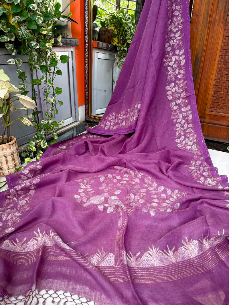 Pure Linen Kantha Work Saree — Purple 02