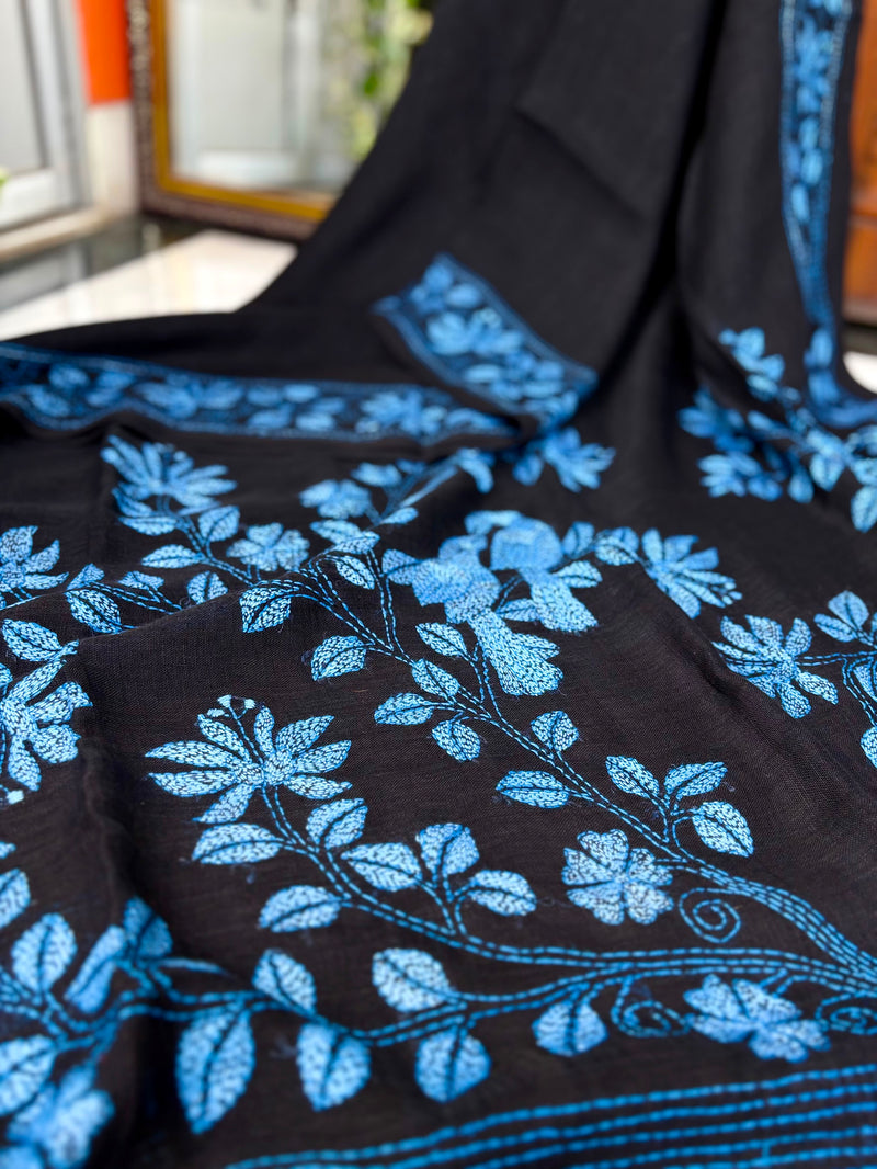 Pure Linen Kantha Work Saree — Black 04