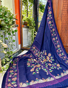 Pure Linen Kantha Work Saree — Navy 05