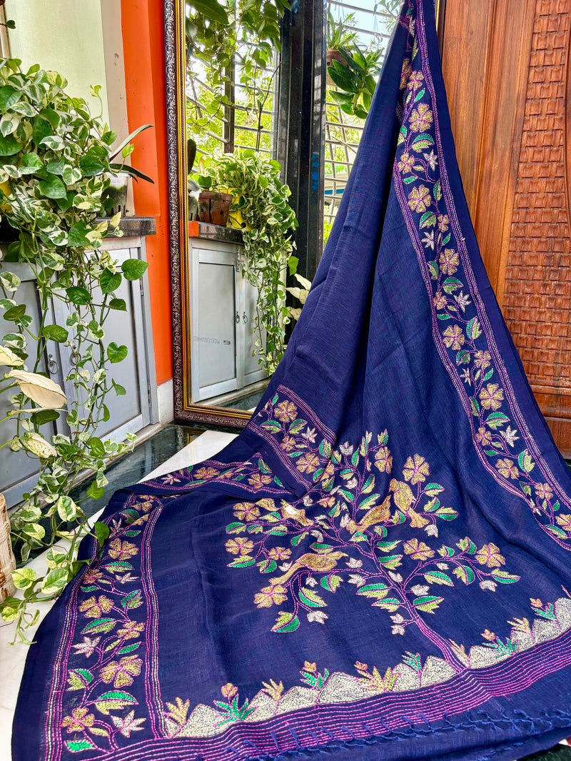 Pure Linen Kantha Work Saree — Navy 05