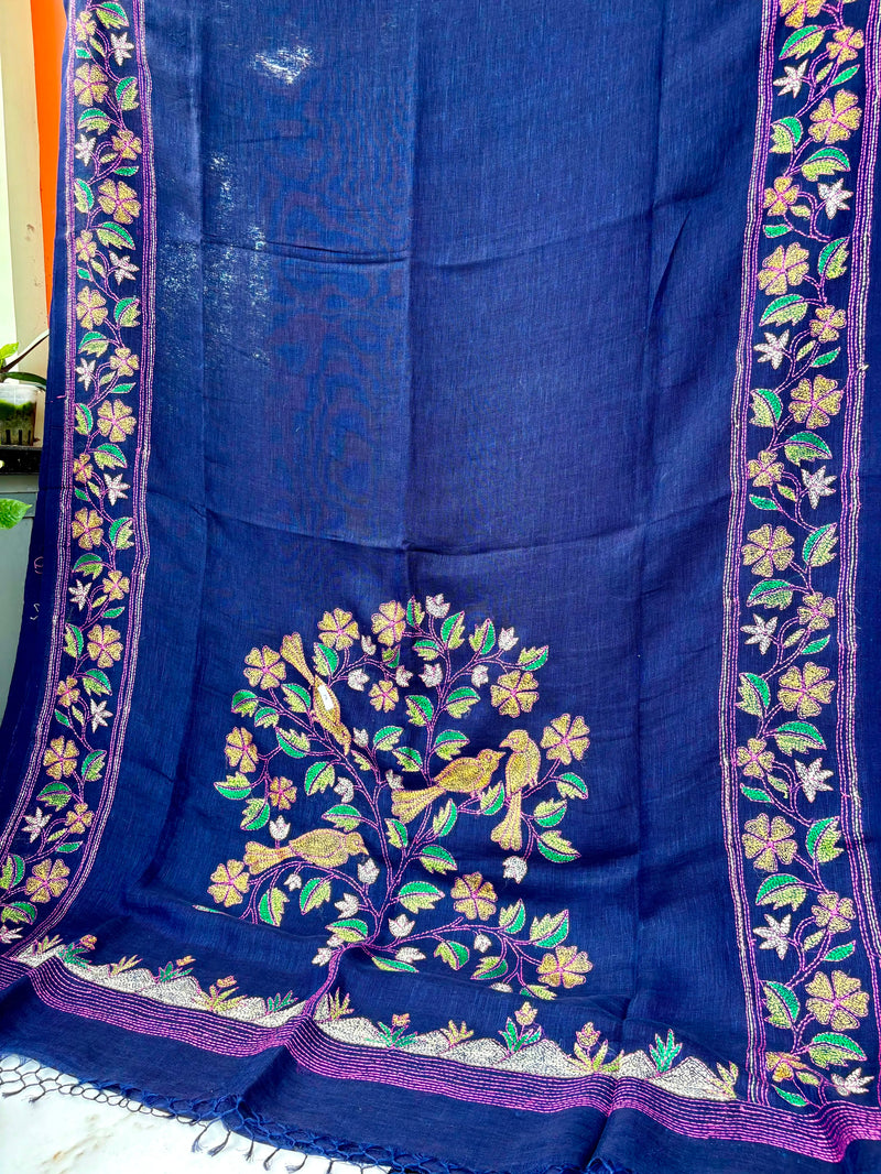 Pure Linen Kantha Work Saree — Navy 05