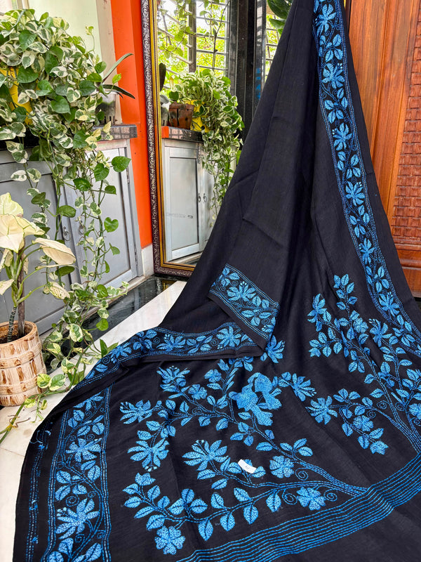 Pure Linen Kantha Work Saree — Black 04