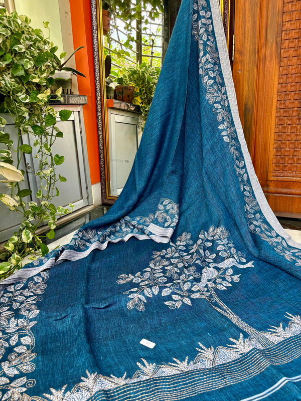 Pure Linen Kantha Work Saree — 03