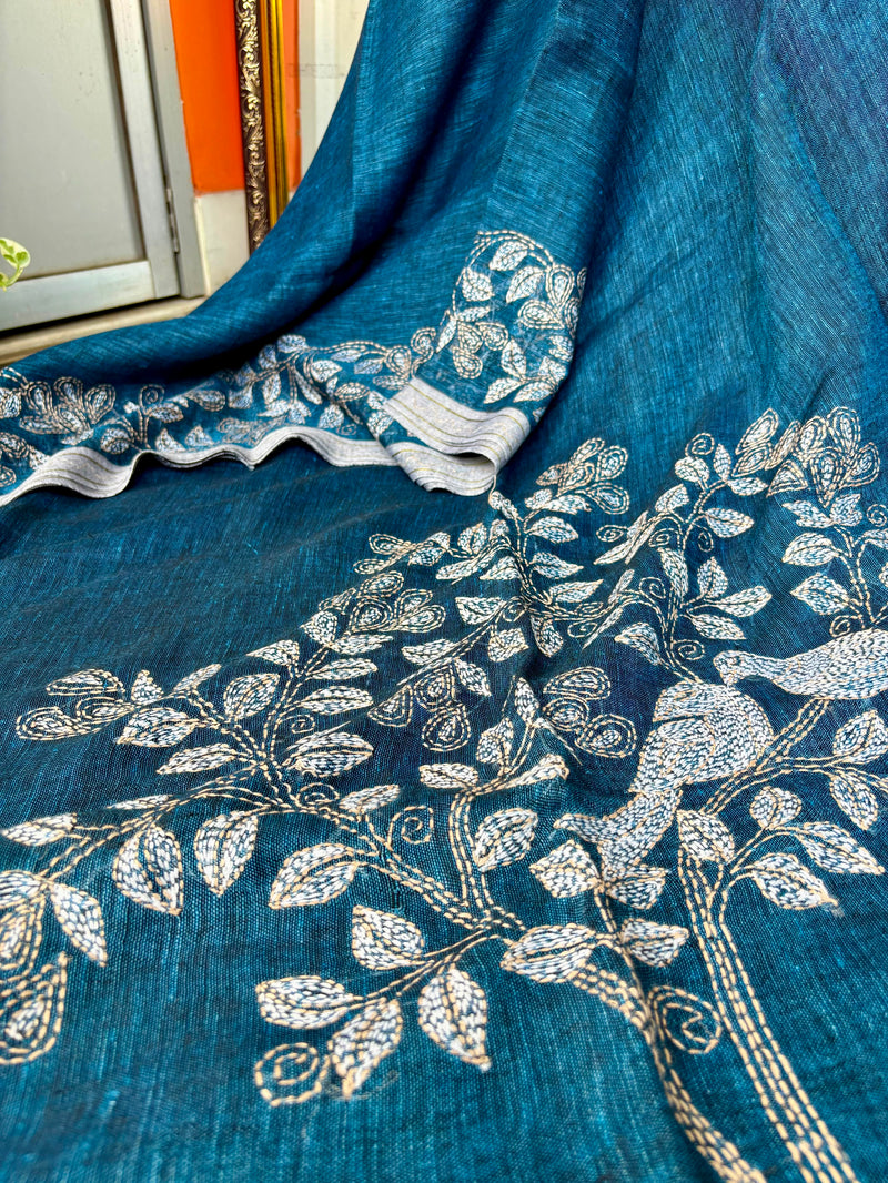 Pure Linen Kantha Work Saree — 03