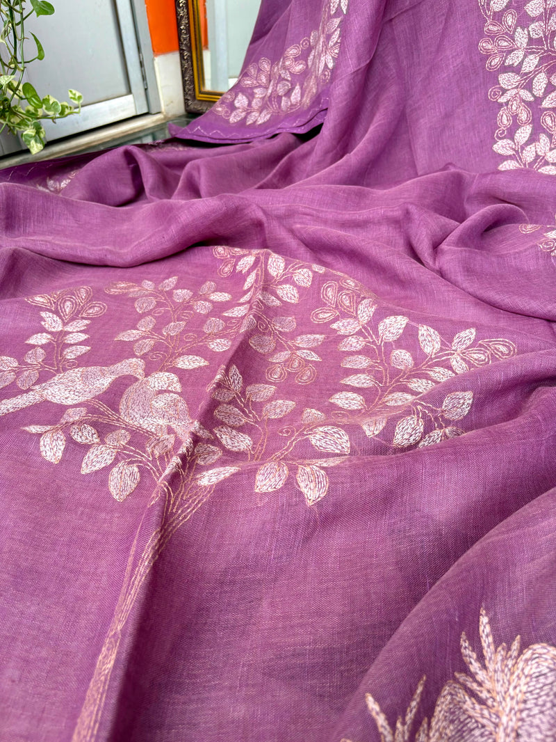 Pure Linen Kantha Work Saree — Purple 02
