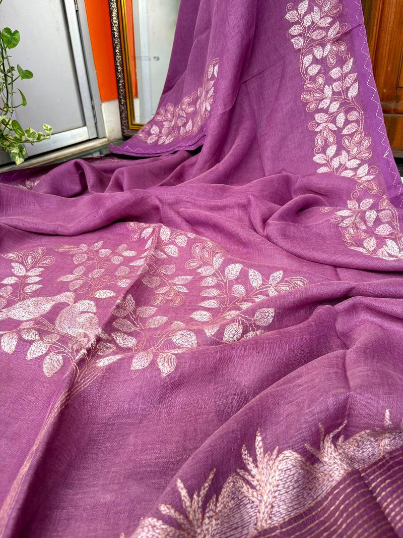 Pure Linen Kantha Work Saree — Purple 02