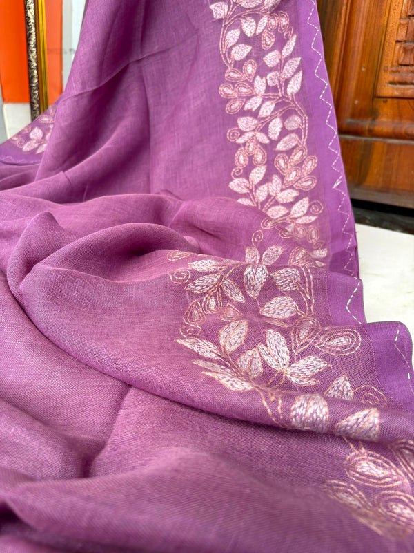Pure Linen Kantha Work Saree — Purple 02