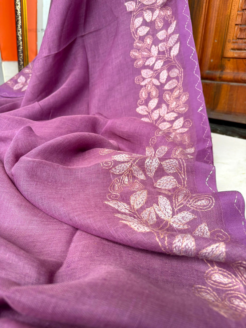 Pure Linen Kantha Work Saree — Purple 02