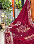 Pure Linen Kantha Work Saree — Red 01