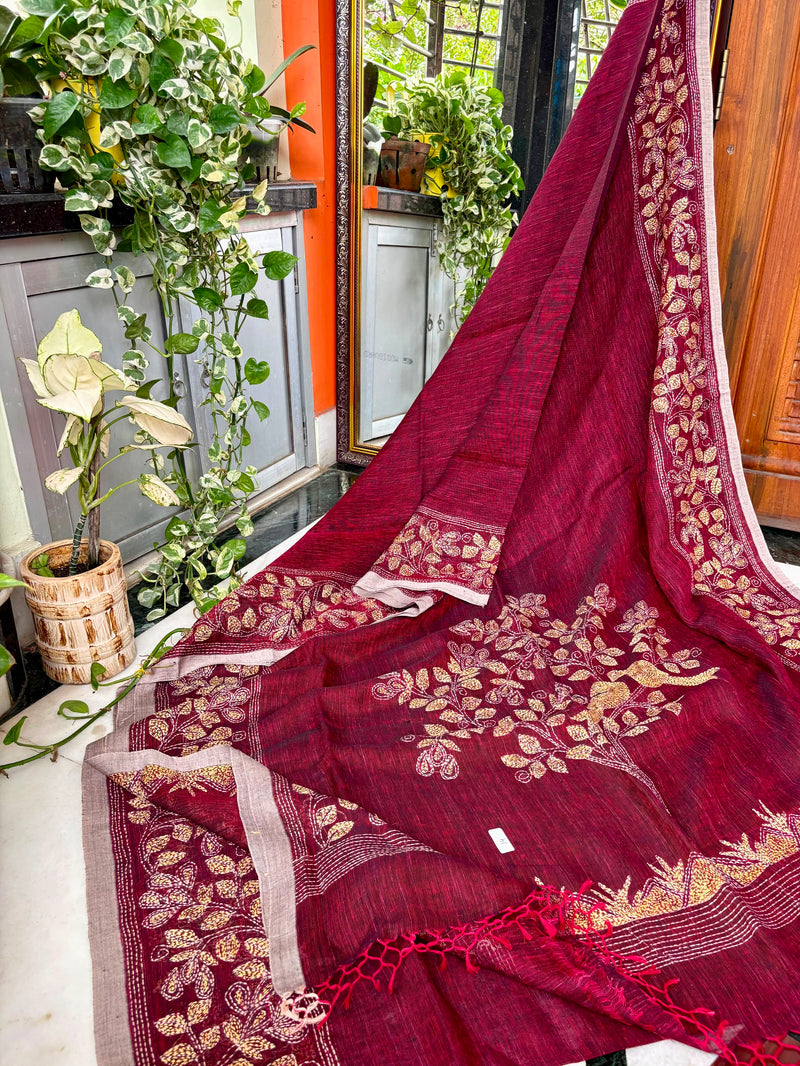 Pure Linen Kantha Work Saree — Red 01
