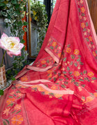 Pure Linen Kantha Work Saree — Red 06