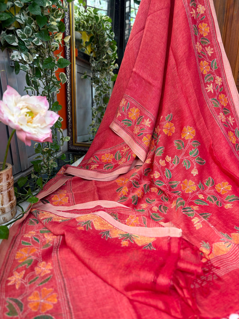Pure Linen Kantha Work Saree — Red 06