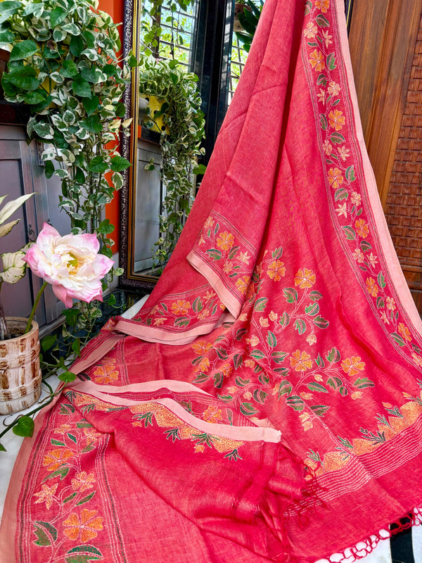 Pure Linen Kantha Work Saree — Red 06