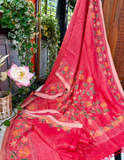 Pure Linen Kantha Work Saree — Red 06
