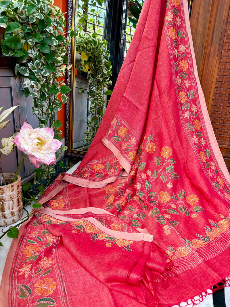 Pure Linen Kantha Work Saree — Red 06