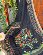 Pure Linen Kantha Work Saree — Black 07