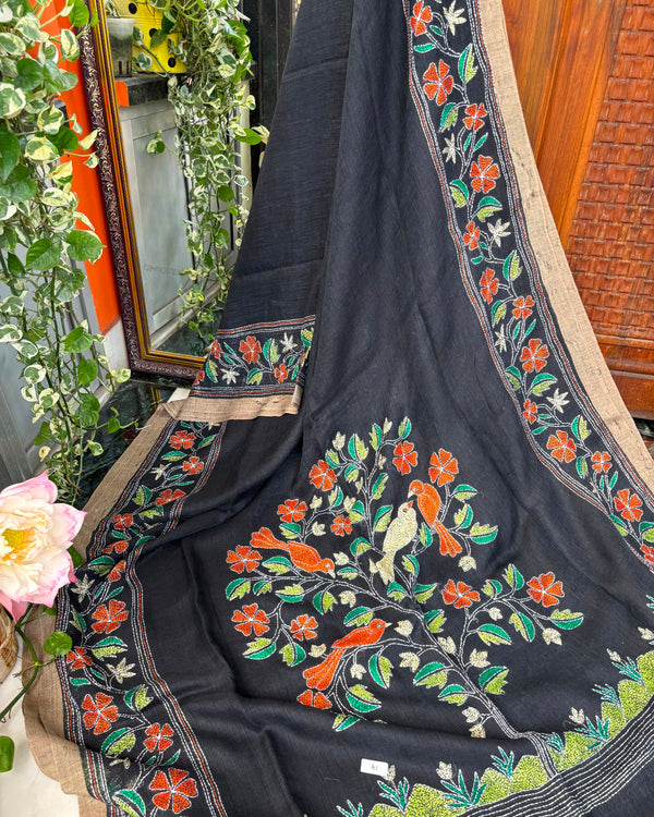 Pure Linen Kantha Work Saree — Black 07