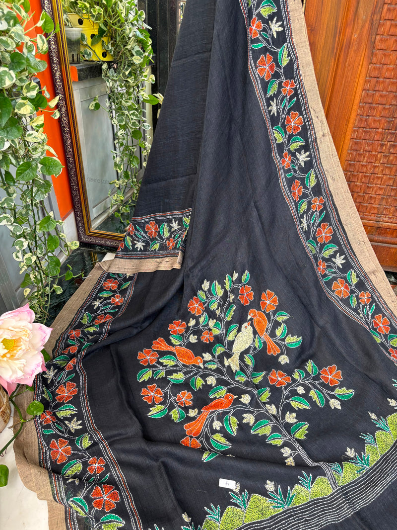 Pure Linen Kantha Work Saree — Black 07