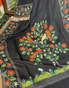 Pure Linen Kantha Work Saree — Black 07