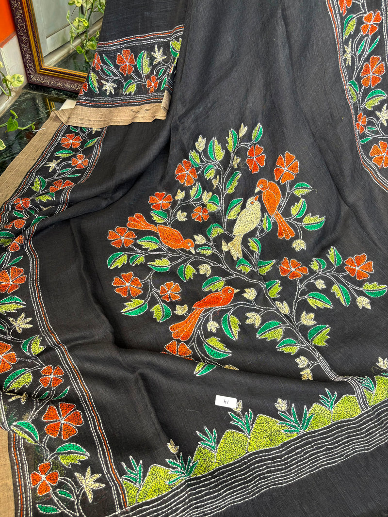 Pure Linen Kantha Work Saree — Black 07