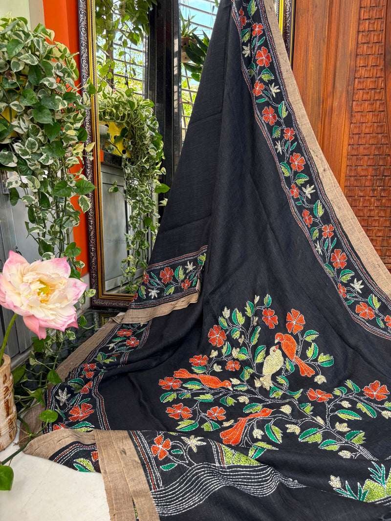 Pure Linen Kantha Work Saree — Black 07