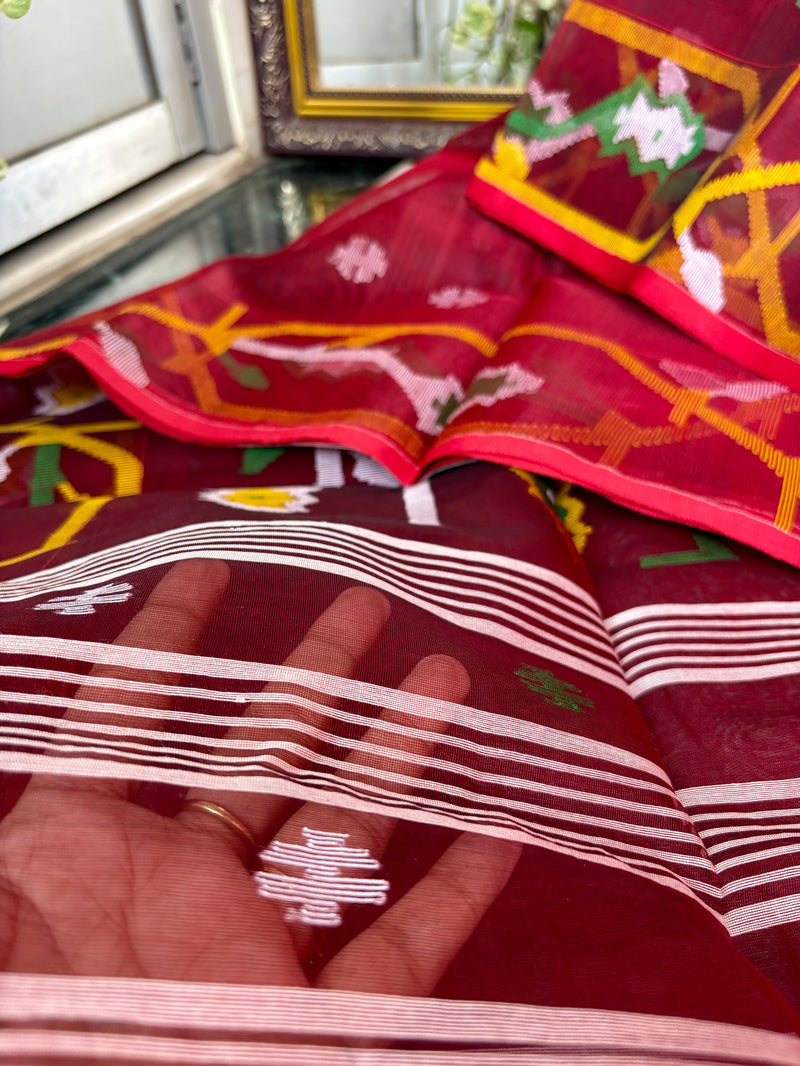Pure Silk Muslin Jamdani Saree — Red 03