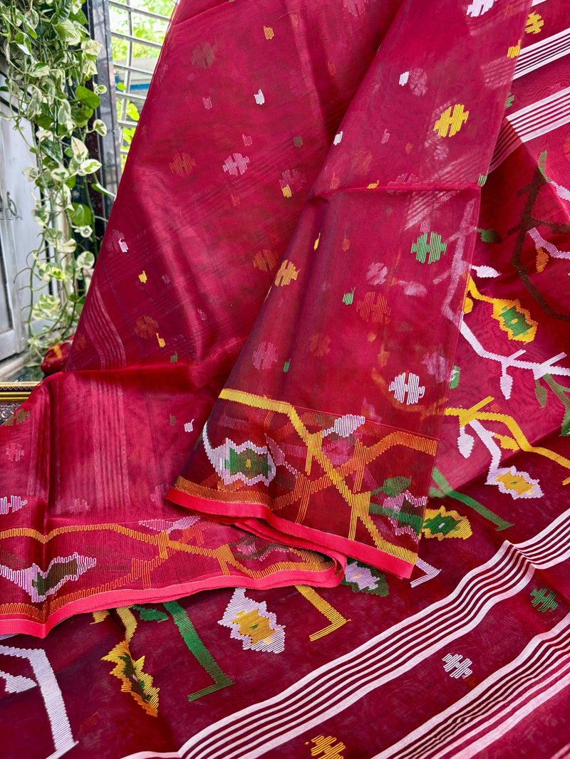 Pure Silk Muslin Jamdani Saree — Red 03