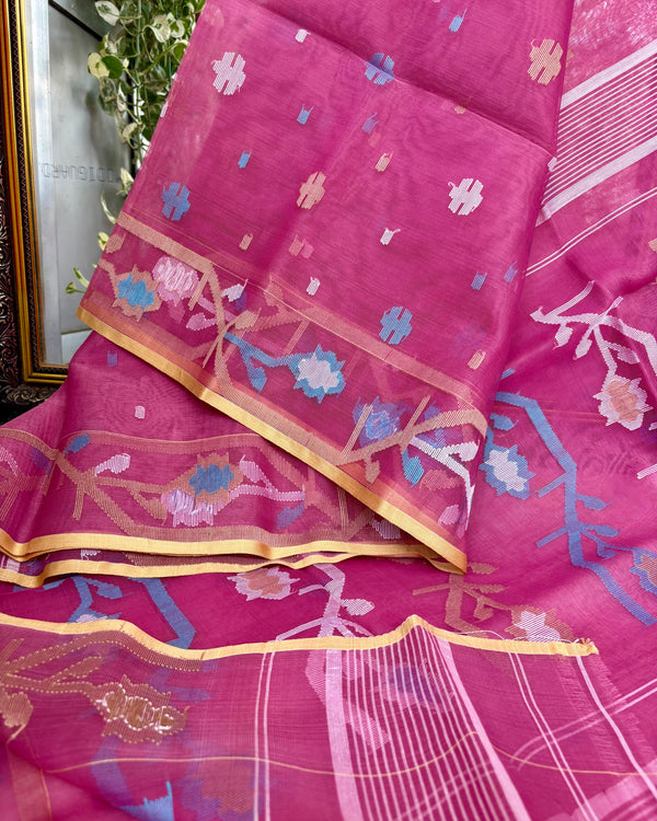 Pure Silk Muslin Jamdani Saree — Pink 06