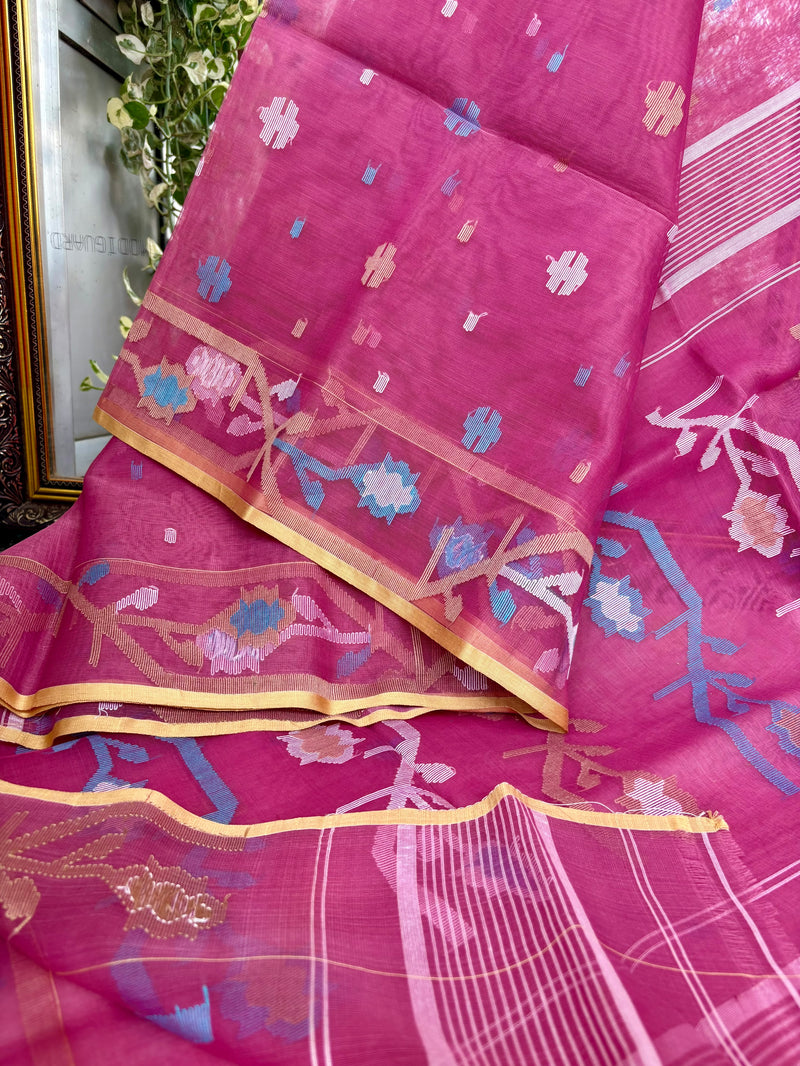 Pure Silk Muslin Jamdani Saree — Pink 06
