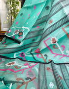 Pure Silk Muslin Jamdani Saree — Green & Blue 01