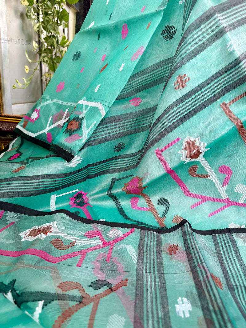 Pure Silk Muslin Jamdani Saree — Green & Blue 01