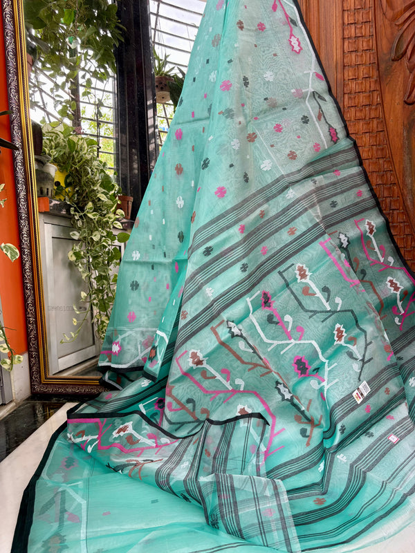 Pure Silk Muslin Jamdani Saree — Green & Blue 01