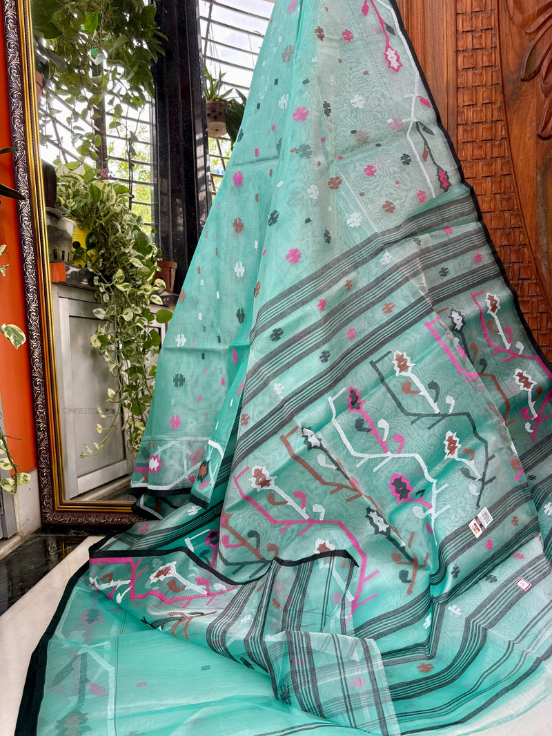 Pure Silk Muslin Jamdani Saree — Green & Blue 01