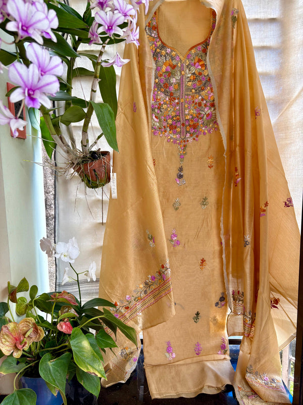 Hand Embroidered 3 Pc Unstitched Set in Cotton Chanderi — 07