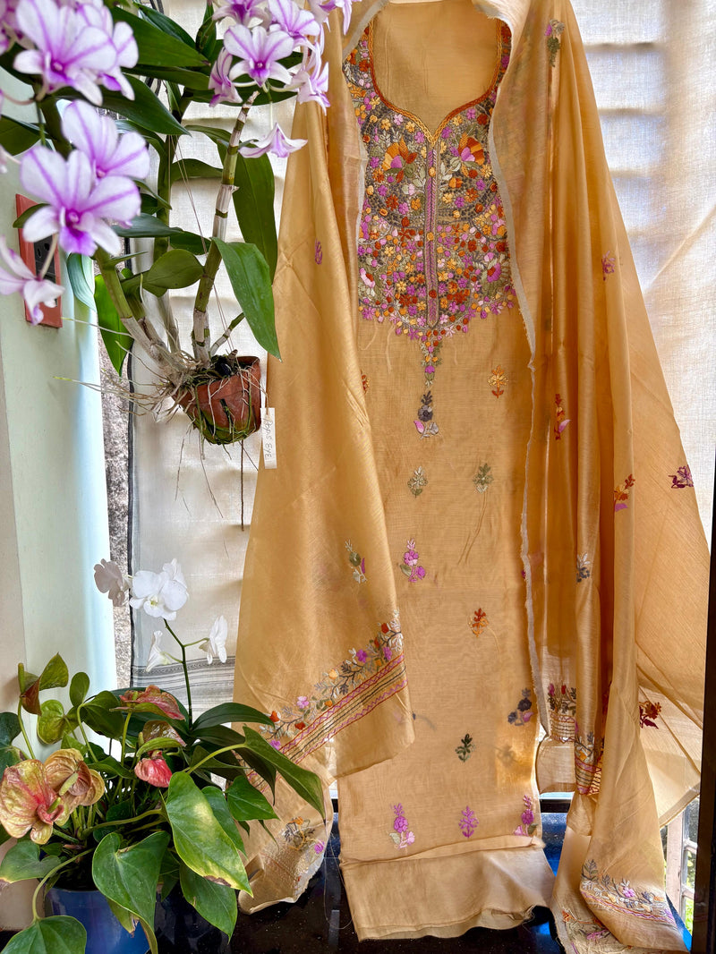 Hand Embroidered 3 Pc Unstitched Set in Cotton Chanderi — 07