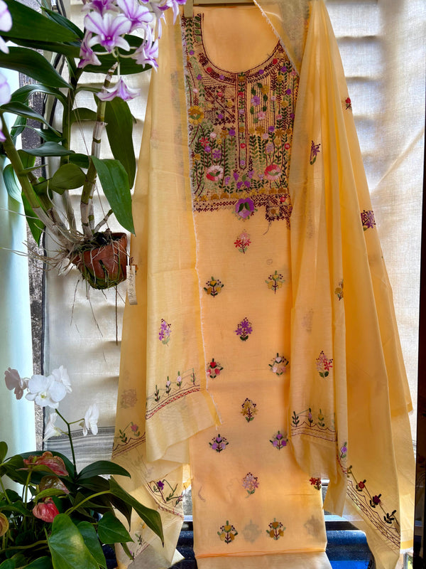 Hand Embroidered 3 Pc Unstitched Set in Cotton Chanderi — 08