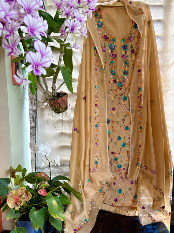 Hand Embroidered 3 Pc Unstitched Set in Cotton Chanderi — 06