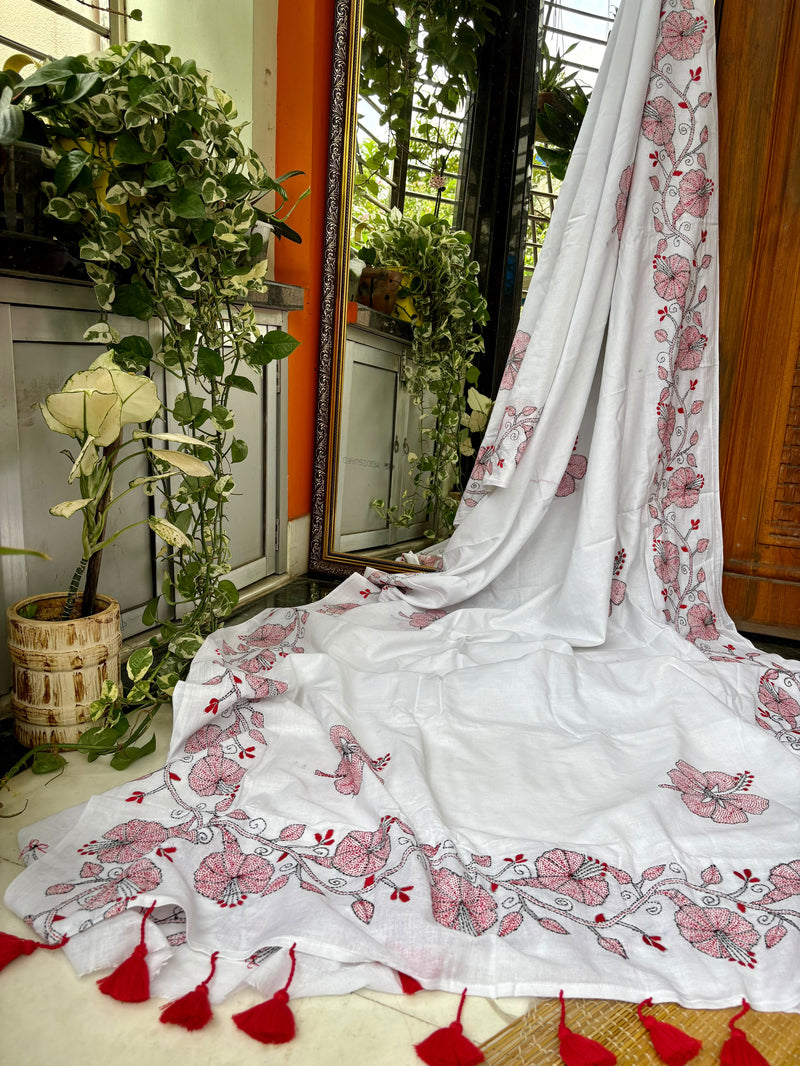 Cotton Kantha Work Saree — White 10